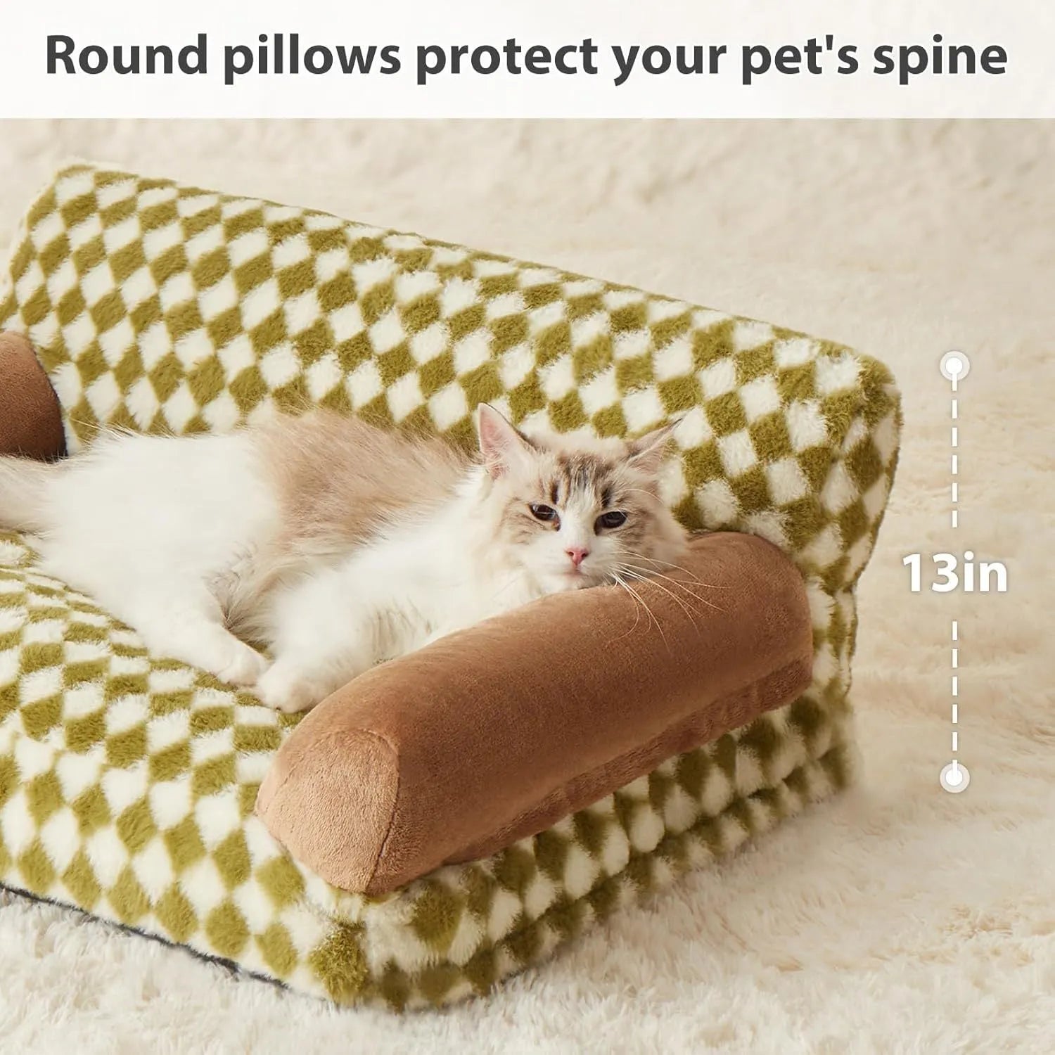 Grey checkered washable pet couch bed for small cat or dog on a wooden floor.