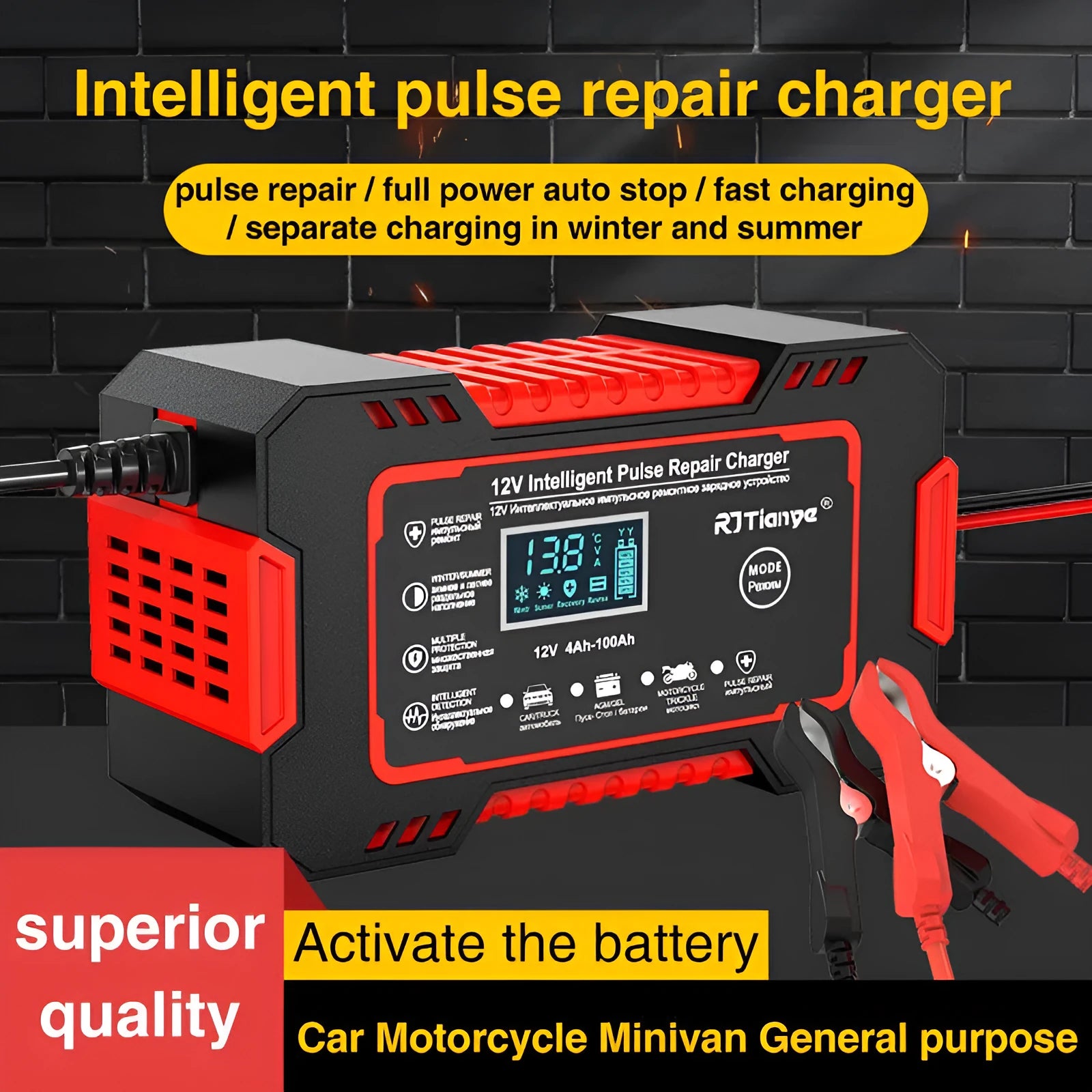 Red US standard car battery charger for lead acid batteries with reverse connection protection and LED display, 213x110x64mm