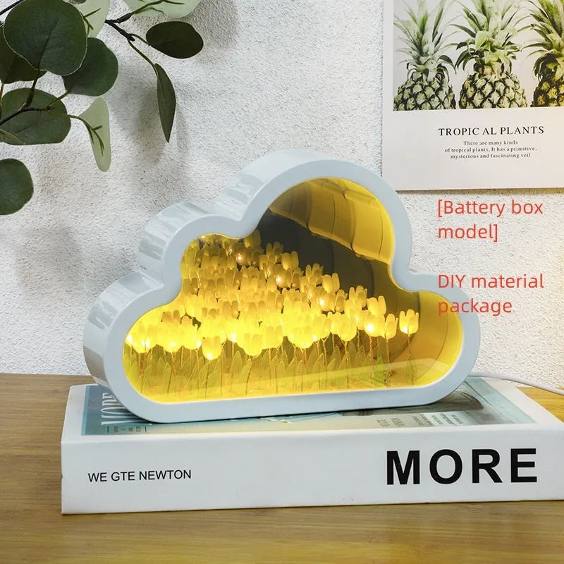 DIY cloud tulip decorative night lamp with LED lights and mirror surface for bedroom or desk