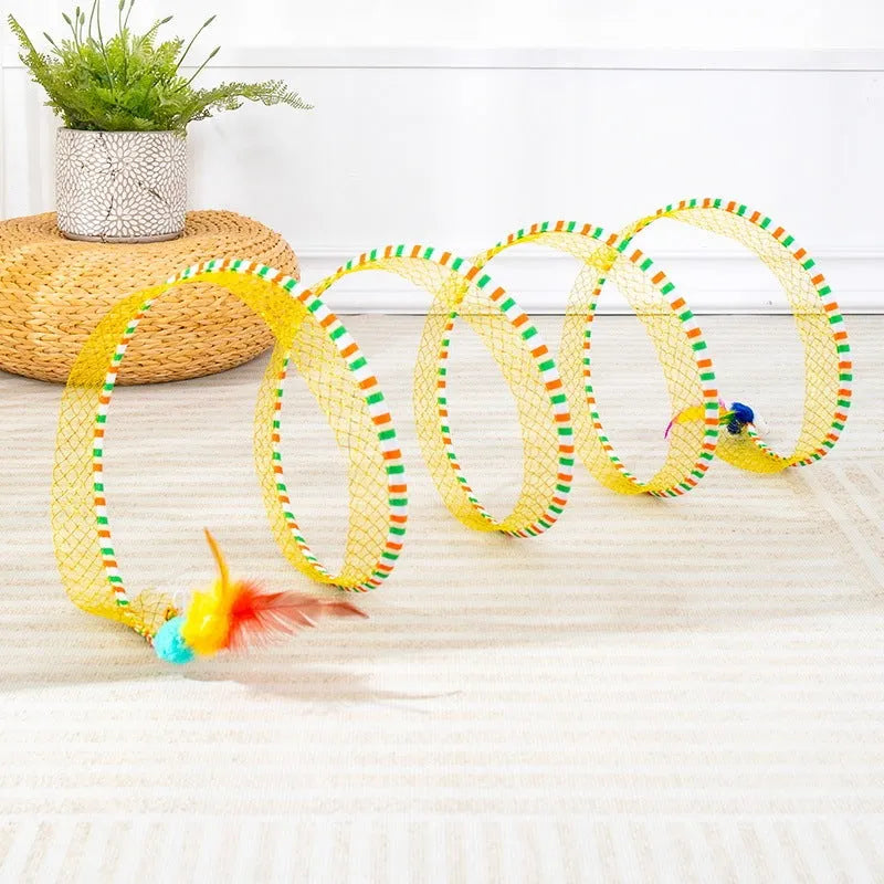 Blue and yellow cat toy set with fabric tunnel and long teasing stick with feathers