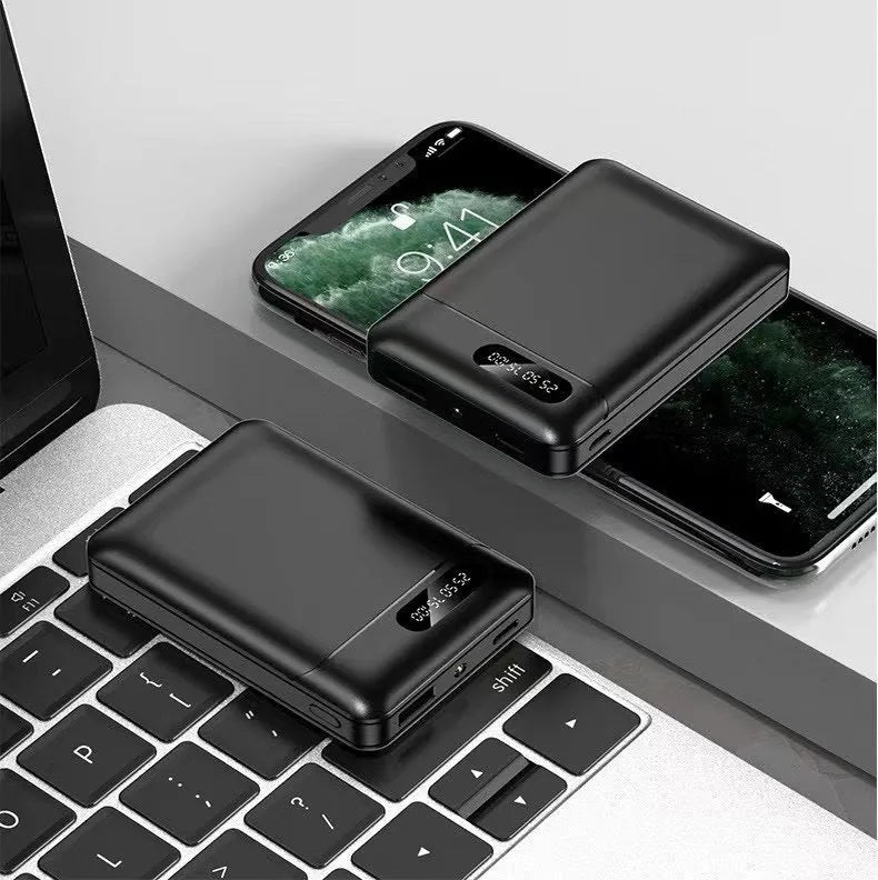 White portable power bank showing multiple USB ports and compact 92x63x23mm dimensions