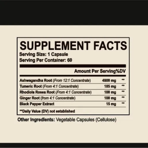 Bottle of Ashwagandha capsules supplement, 60 count, black packaging