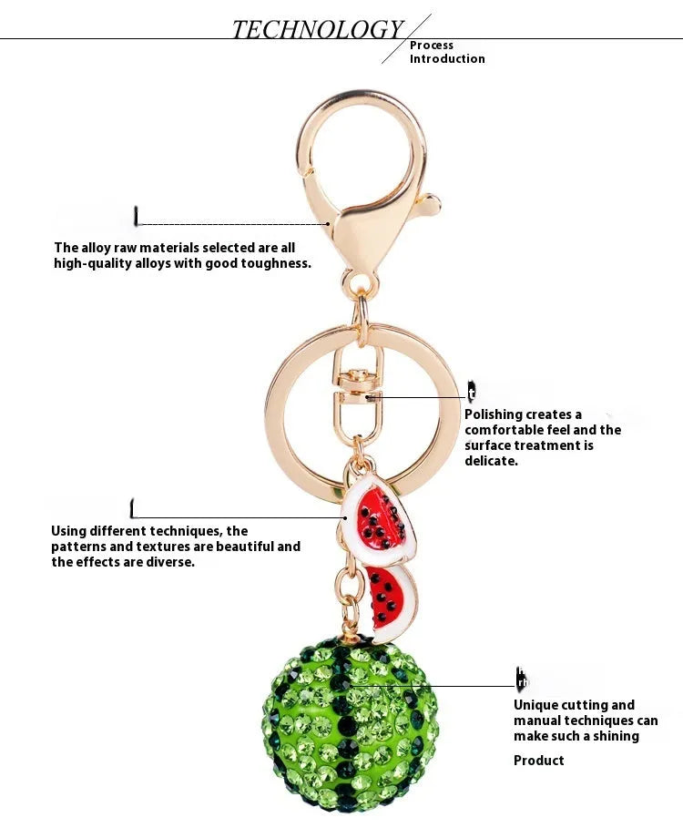 Green zinc alloy watermelon diamond keychain 12cm on key ring
