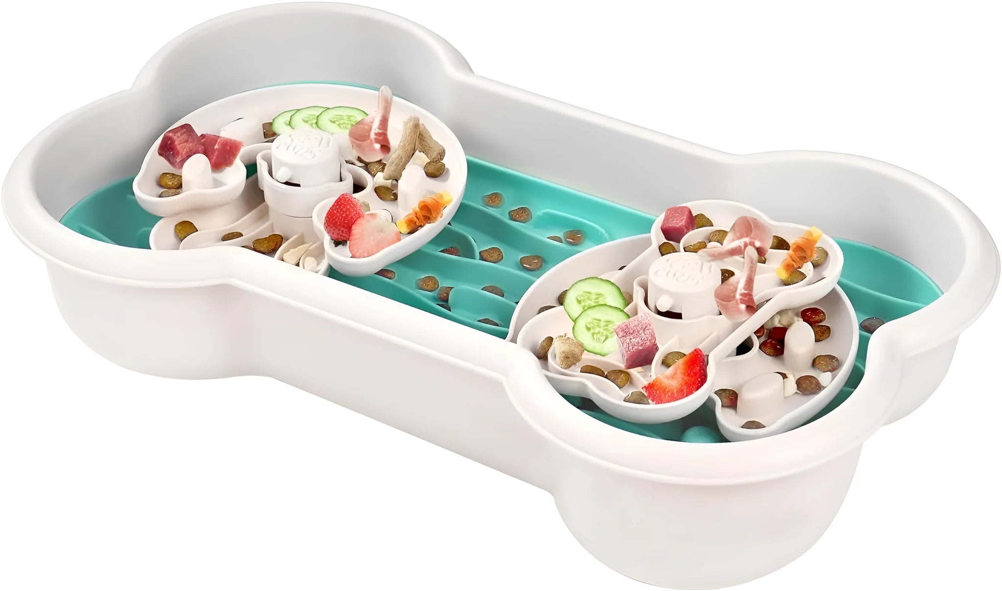 Large green slow feeder dog bowl with three separable puzzle trays and non-slip suction cups on base.