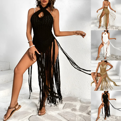 Women's one-piece bikini dress with cross collar and tassels in hollow yarn fabric.