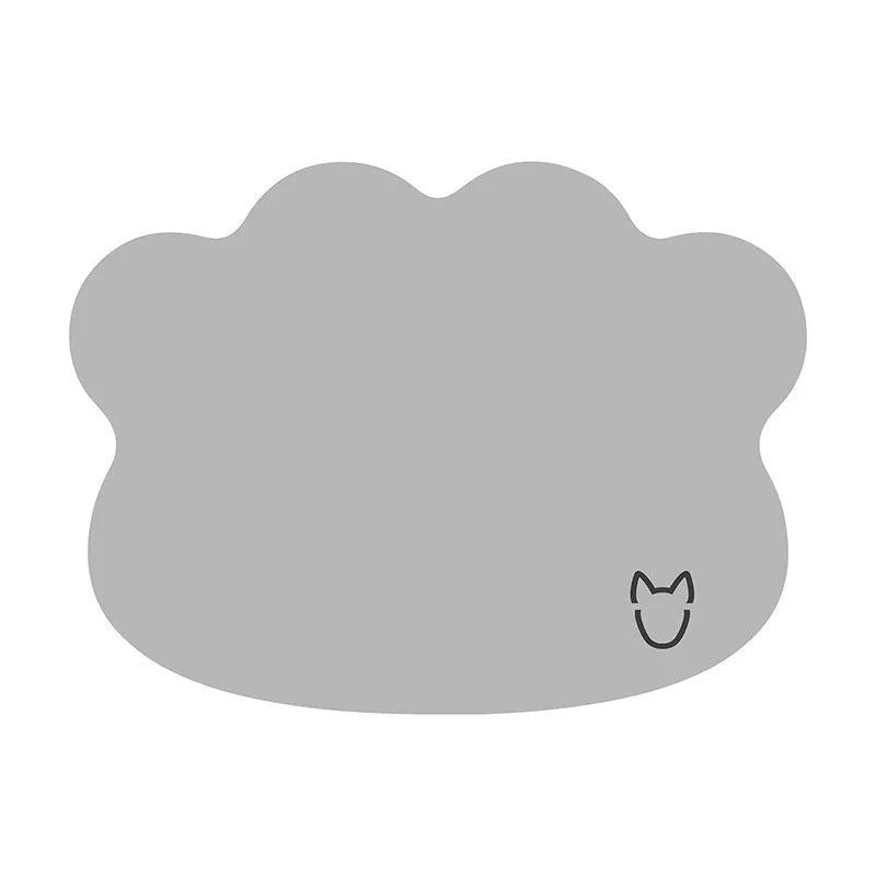 Dog head shaped ice silk cooling mat for pets in grey, green or rice colours on a wooden floor