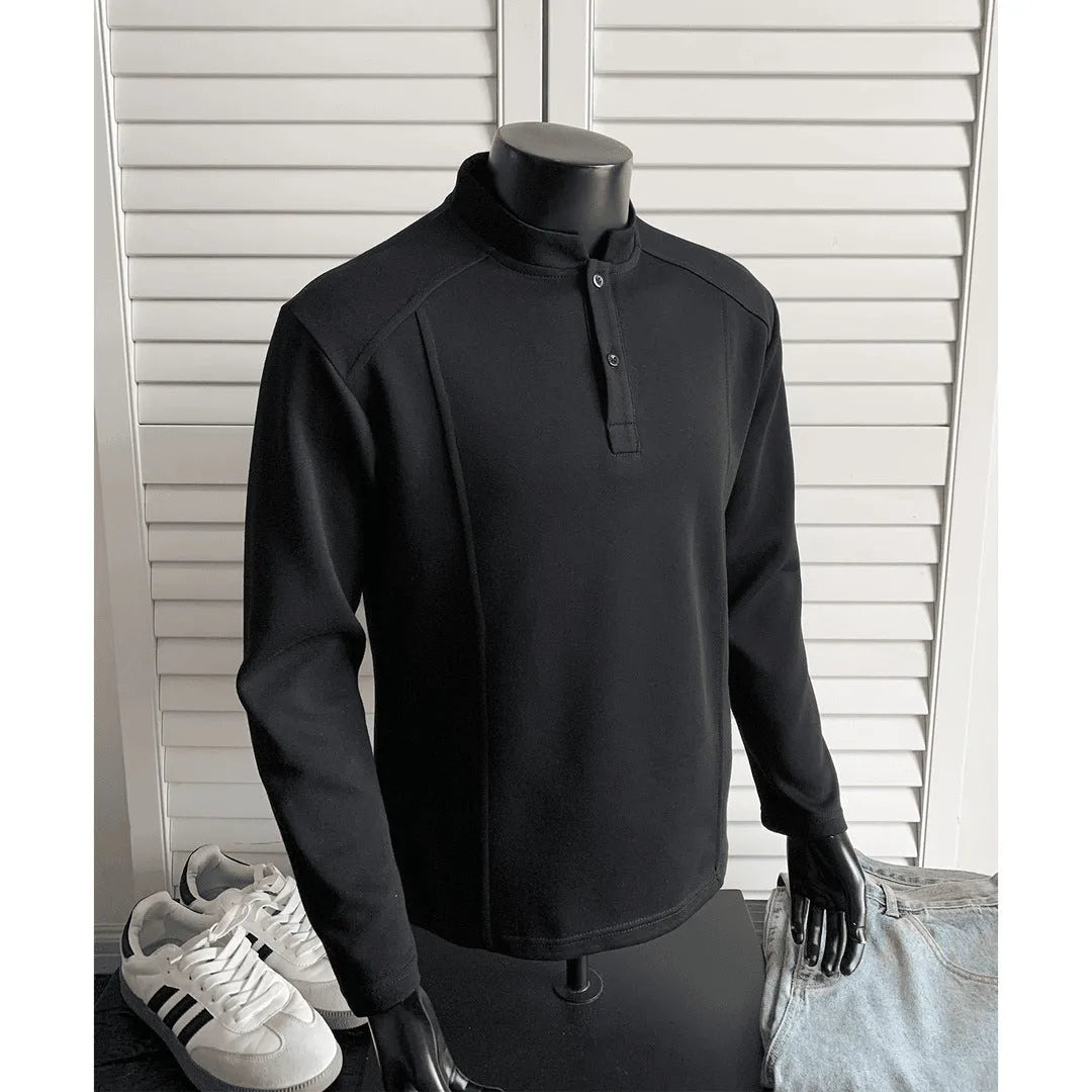 Men's patchwork stand-up collar sweater in black with asymmetric shoulder and long sleeves, loose fit