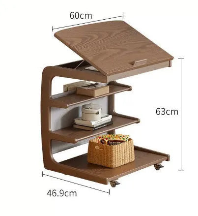 Movable solid wood side cabinet on wheels, walnut colour, 40cm wide, with bedside lamp and book