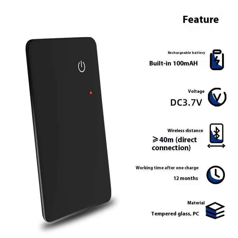 Black NFC pet tracking card with wireless charging, measuring 85mm by 54mm with hanging hole
