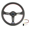 14-inch leather steering wheel with a concave centre section, shown with a silver skeleton frame