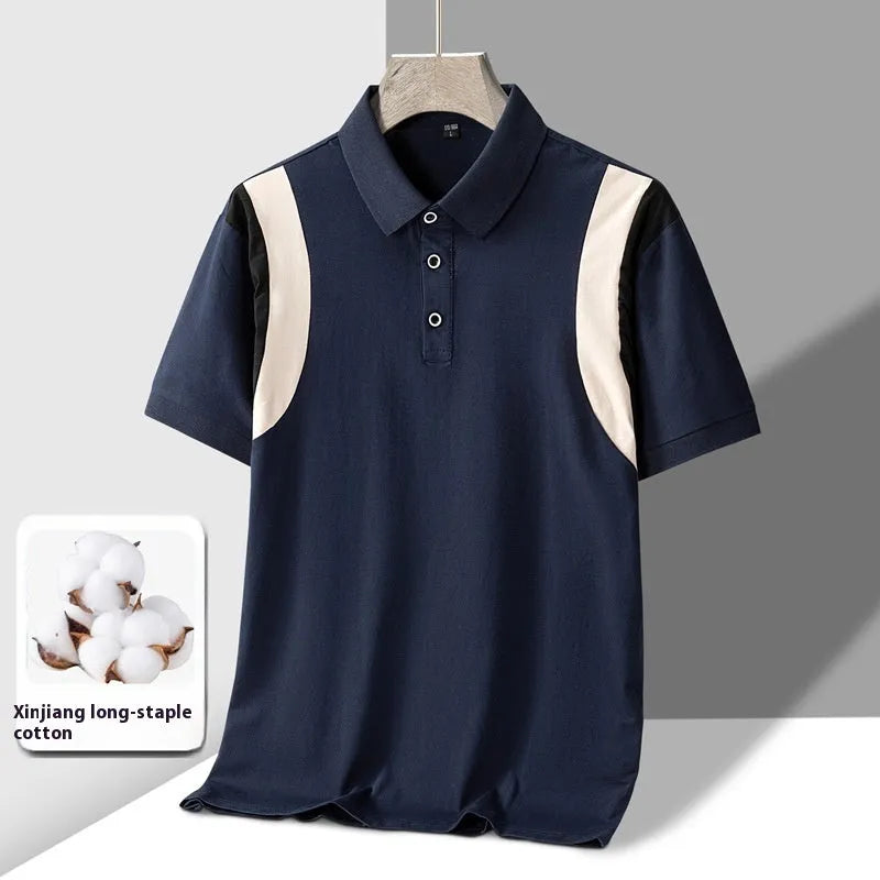 Men's striped cotton lapel-collar T-shirt in loose Korean fit for summer.
