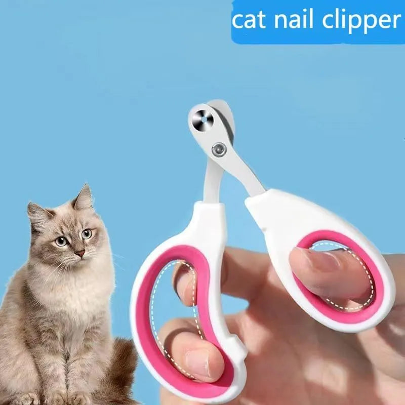Blue pet nail clippers with circular hole design and cushioned handle on a white background.