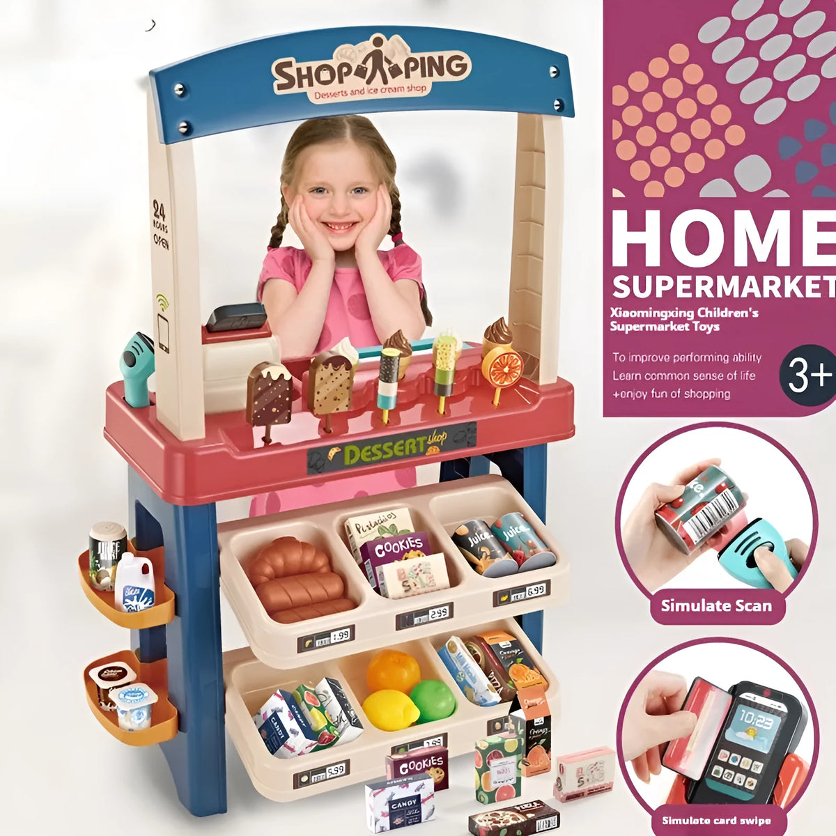 Plastic ice cream supermarket pretend play toy set in red (668-74) with table and toy accessories