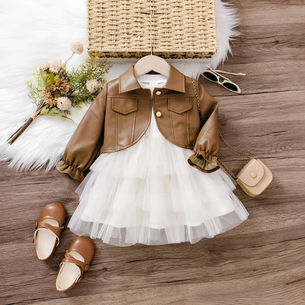 Korean-style children's two-piece set in brown cotton: long-sleeve coat and dress for baby girls, suitable height 12-18 months