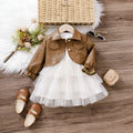 Korean-style children's two-piece set in brown cotton: long-sleeve coat and dress for baby girls, suitable height 12-18 months