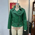Punk short belt lapel locomotive style jacket with Peter Pan collar in black, polyester fabric, front view