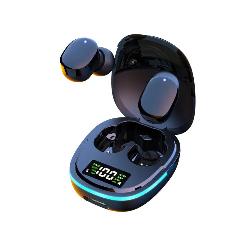 Black true wireless Bluetooth earbuds with charging case showing digital battery display