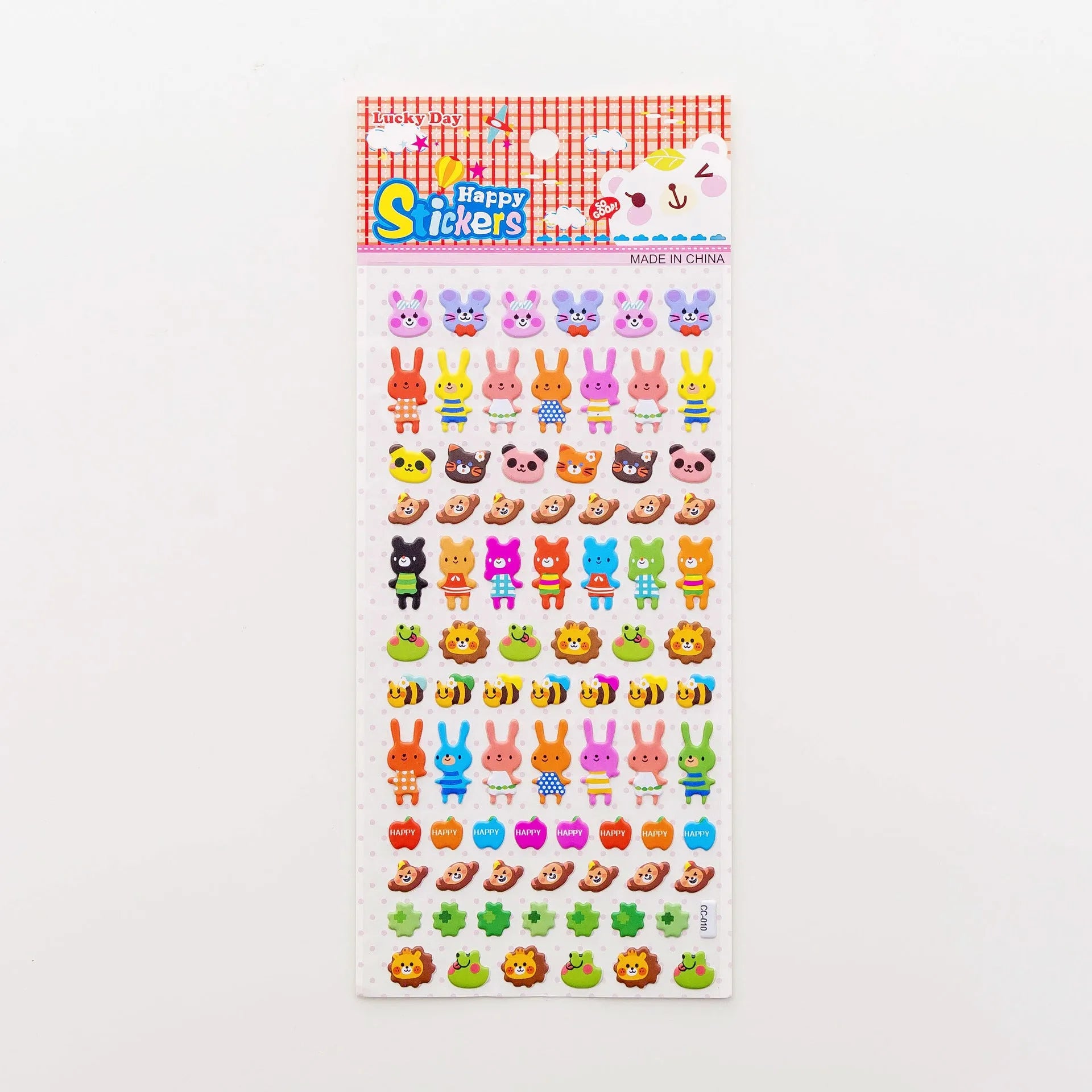 Cartoon three-dimensional bubble stickers sheet showing alpaca, forest animals, and dinosaur designs for hand account decoration