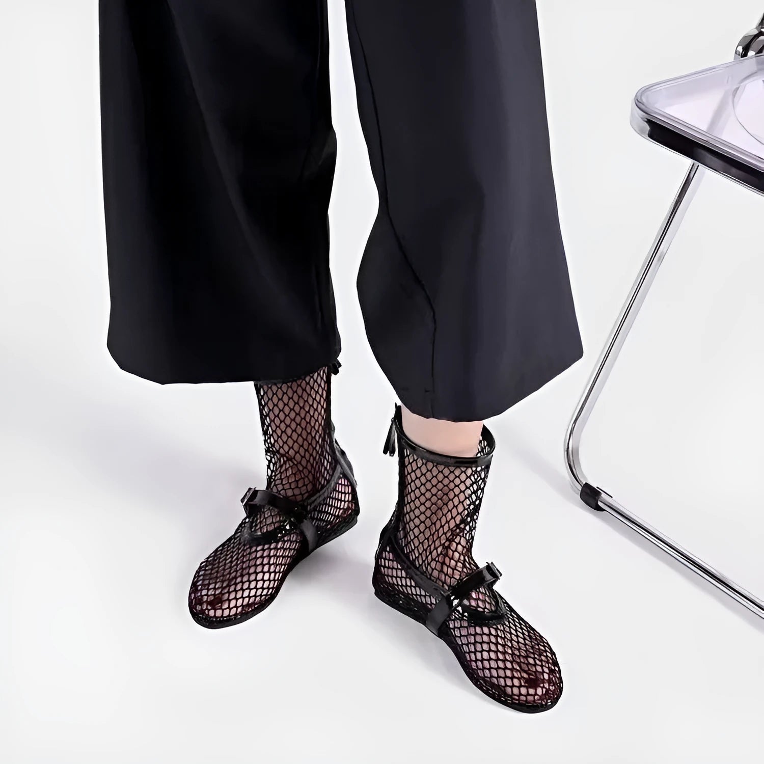 Black high top women's ballet shoes with metal buckle and back zipper PU upper round toe