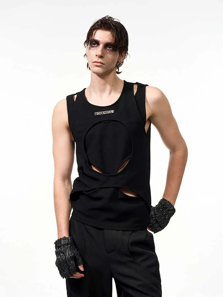 Men's black and white hollow thread sleeveless waistcoat with round neck