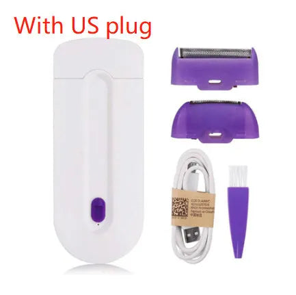 Black rechargeable electric hair remover with Sensa-Light head, trimmer head, foil head, USB cable and cleaning brush.