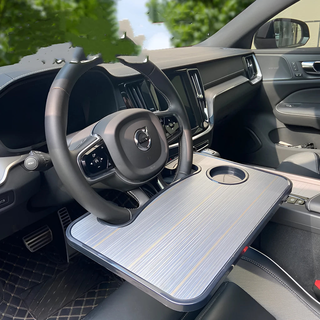 Steering wheel dining table in wood grain black, measuring 42x28cm, made from HDPE
