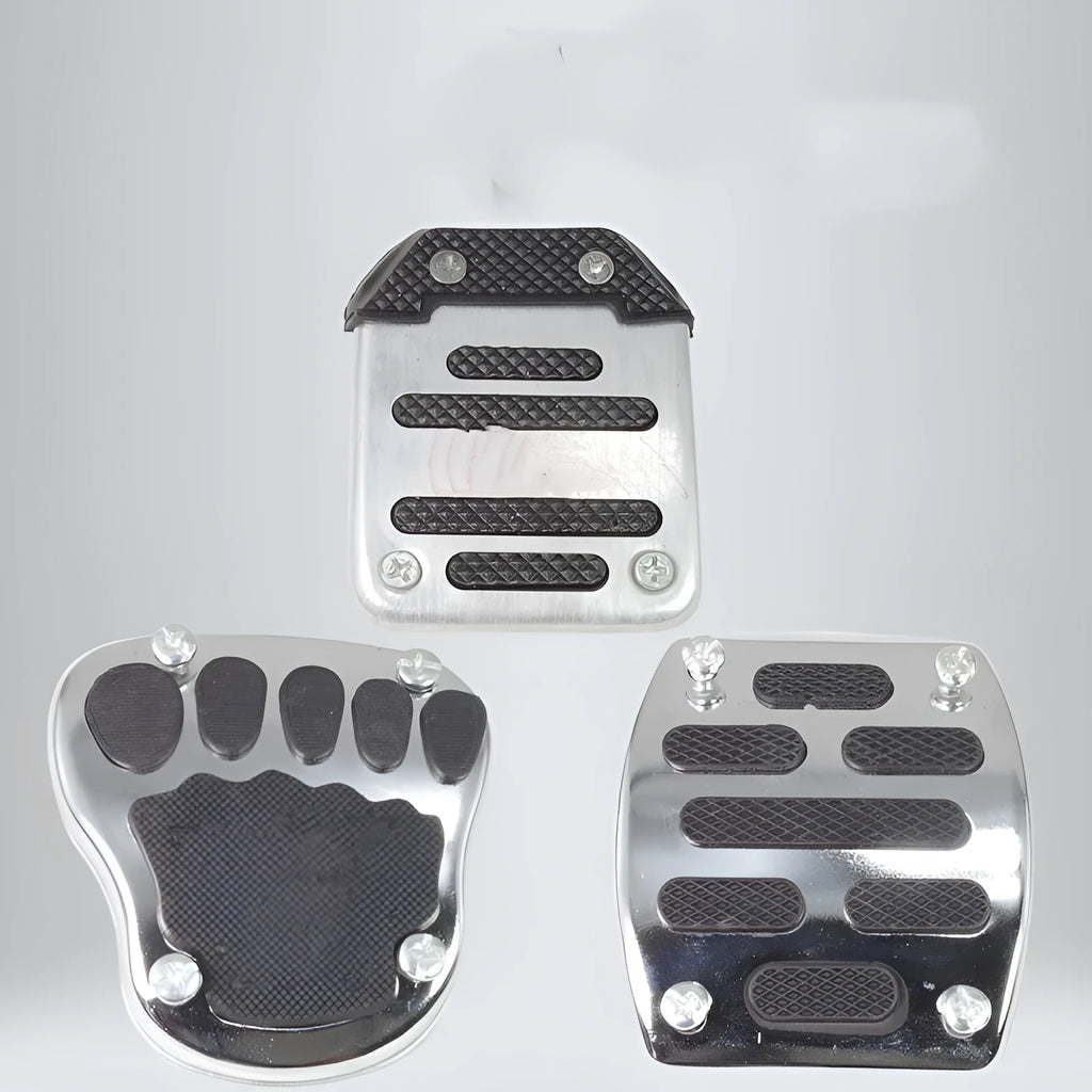 Metal motorcycle brake pedal skid plate shown in universal fit for foot pedal protection.