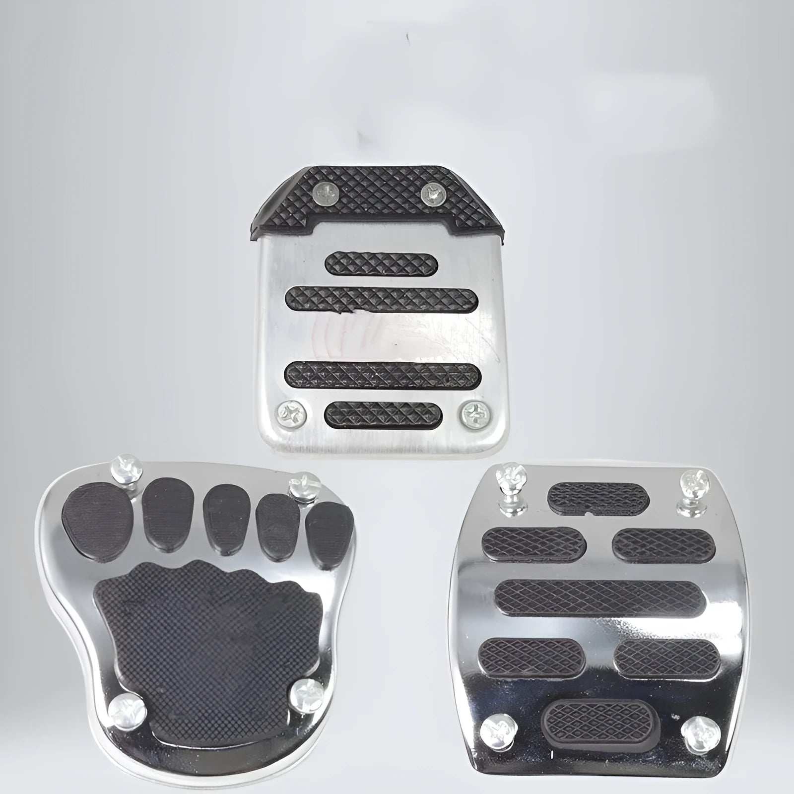 Metal motorcycle brake pedal skid plate shown in universal fit for foot pedal protection.