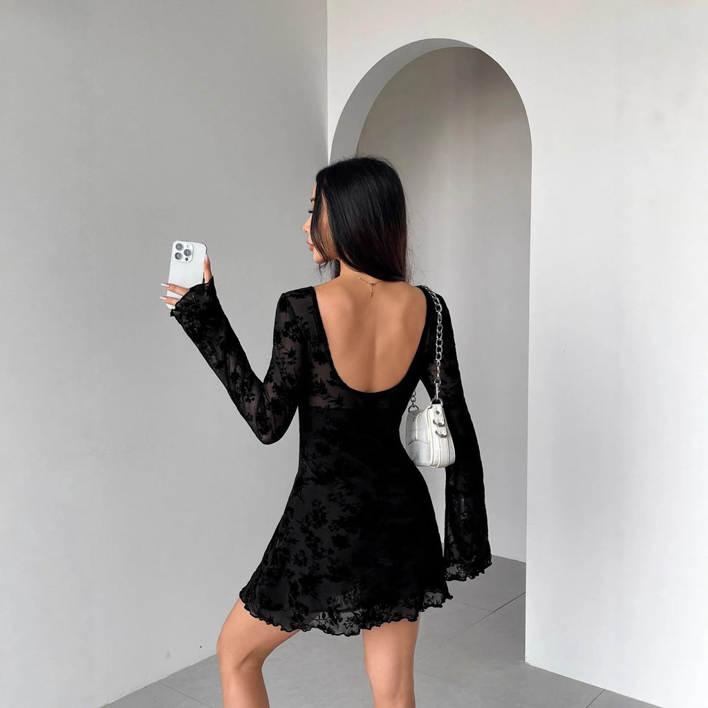 Women's flocking long sleeve floral hollow bow dress in black, square collar, bell sleeves, high-waist short hip skirt