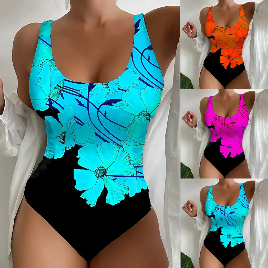 Women's 3D printed one-piece swimsuit in Lycra fabric available in orange red, sky blue, and purple colours