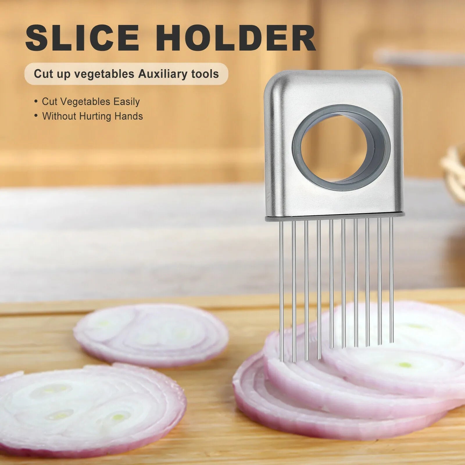 Stainless steel onion holder with sharp prongs and finger guard for cutting vegetables