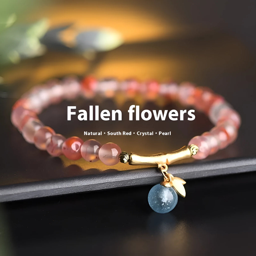 Nanhong agate bracelet with flower design and bamboo joint elements on wrist