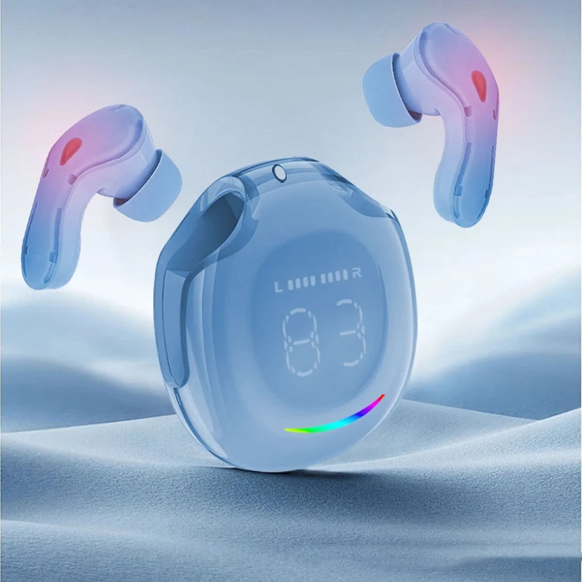 In-ear wireless Bluetooth headset with digital display shown in multiple colour options