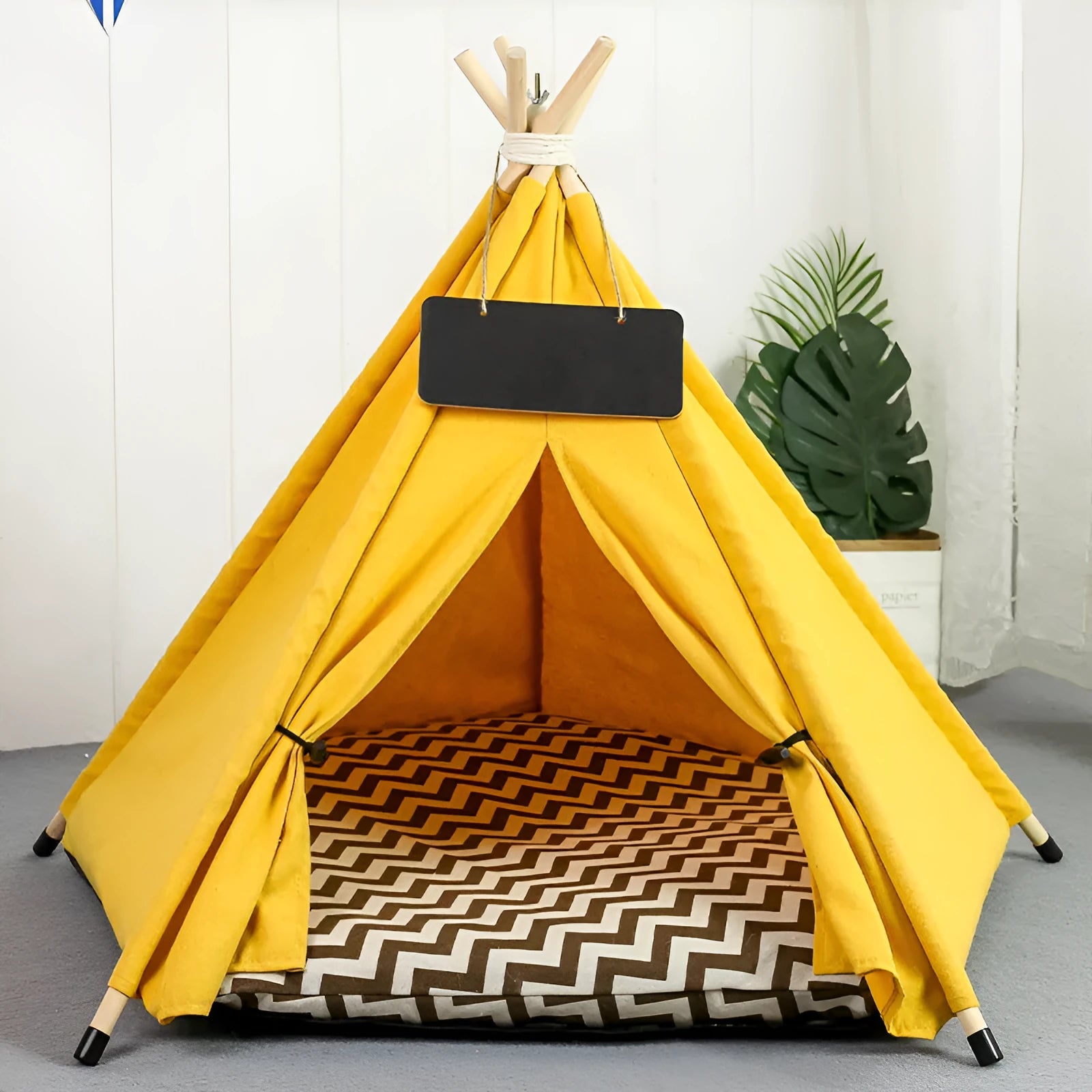 Striped flax linen pet teepee tent with removable cushion for small dogs and cats