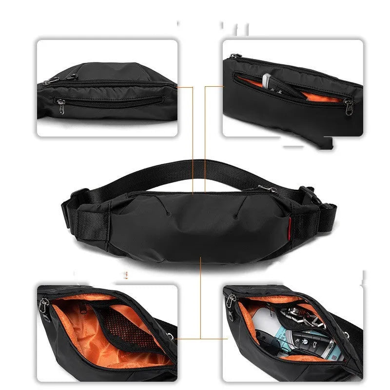 Men's black Oxford cloth crossbody waist pack showing front zipper and compact dimensions