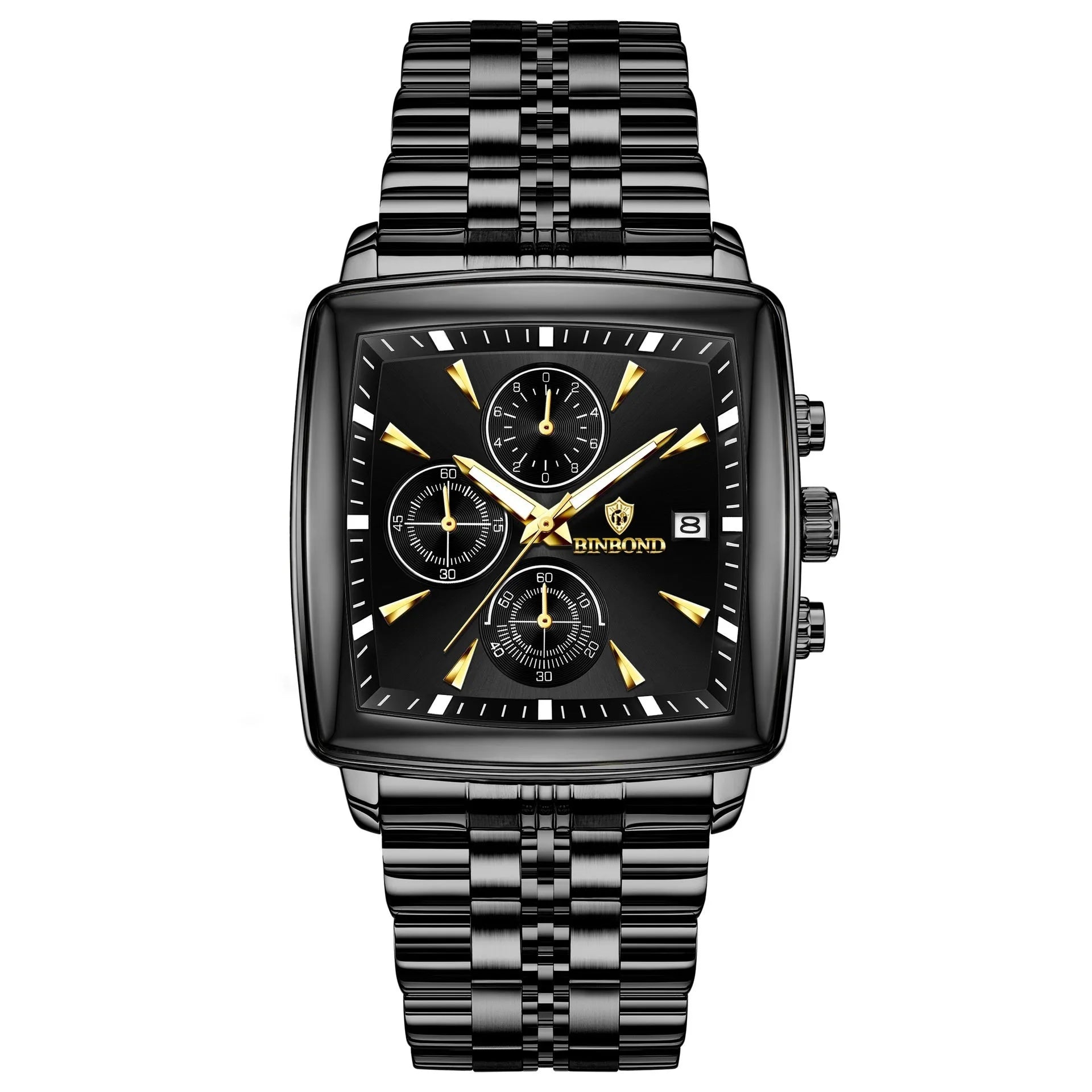 Men's rectangular quartz watch with luminous dial, stainless steel strap, and metal case in business styling