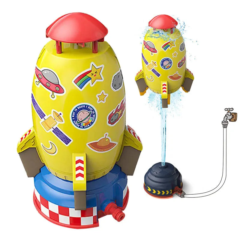 Water pressure powered rocket launcher toy with rotating sprinkler for outdoor garden use