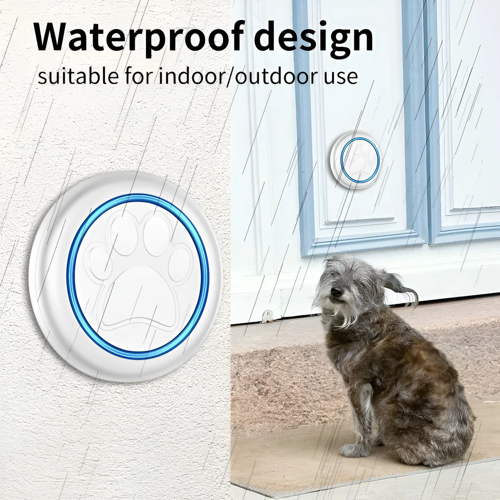 Black and white wireless dog door touch bell with IP55 waterproof rating for outdoor pet training.