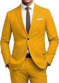 Men's slim fit 2-piece suit set with tie in gold colour, flat collar, rear middle opening, nylon blend fabric