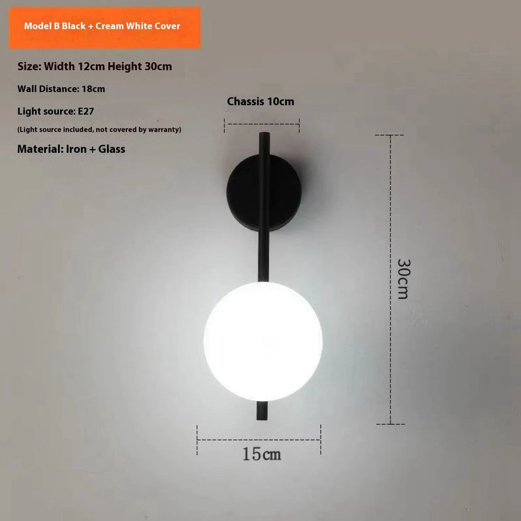 Nordic wrought iron wall lamp in black with milky white glass shade, 12x30cm, warm light