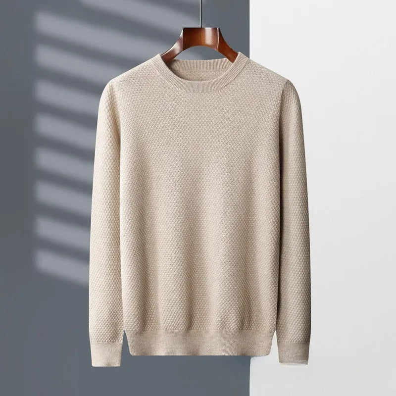 Men's autumn winter cashmere round neck pullover sweater with pineapple stitch in khaki colour