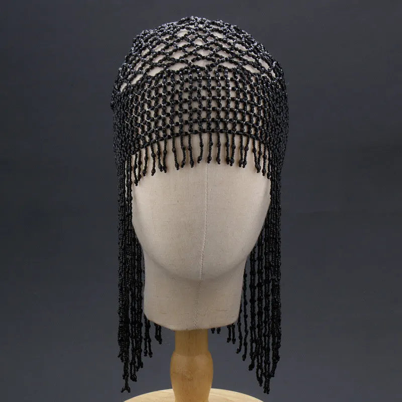Handmade beaded belly dance hat ornament with tassels in silver or black mesh decoration
