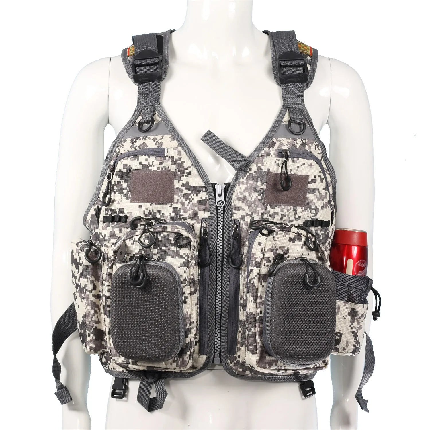 Grey fishing life jacket with chest pockets, reflective strips, and adjustable buckle straps