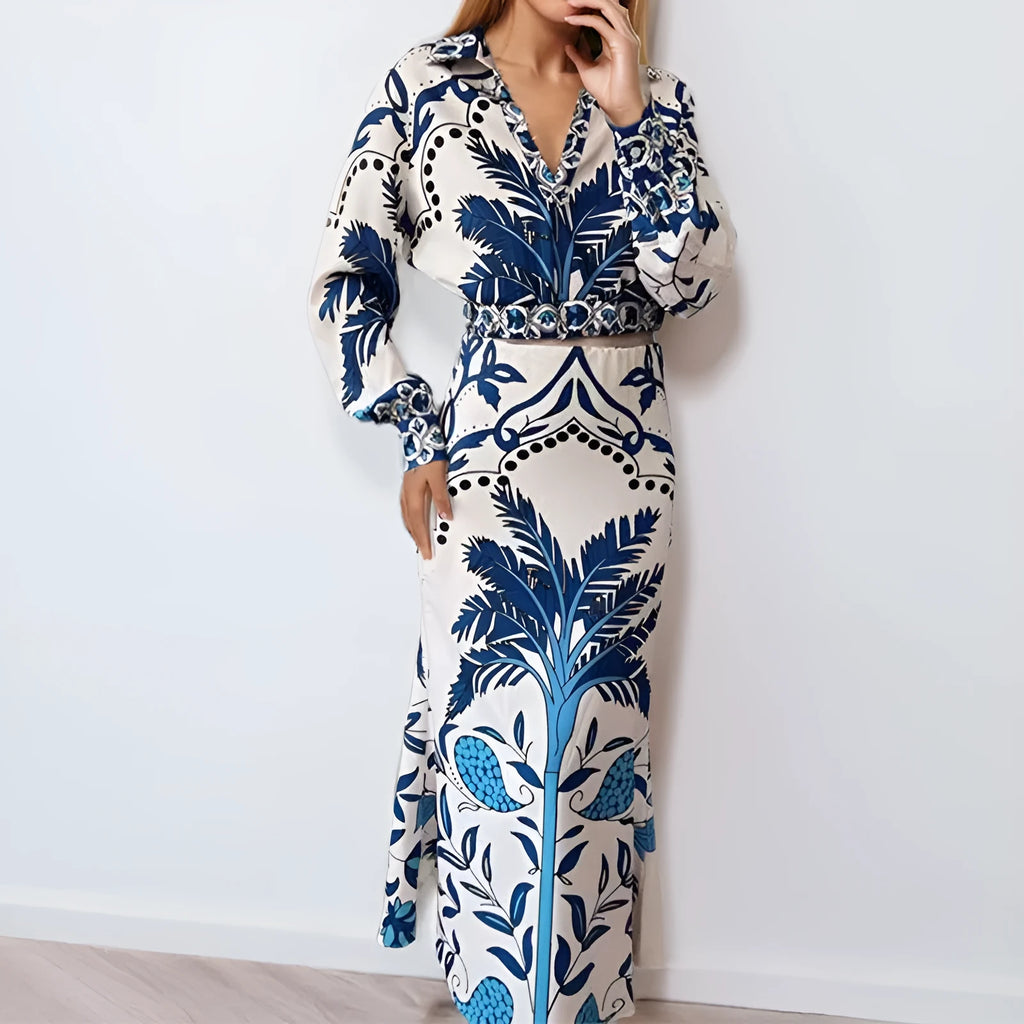 Women's casual two-piece fashion set with long sleeve top and ankle-length skirt in picture colour