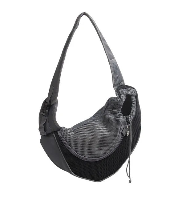 Mesh fabric pet carrier sling with PVC base in seven colours, showing S and L size options