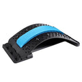 A black back massager and stretcher device with plastic pins and magnetic points on an adjustable frame.