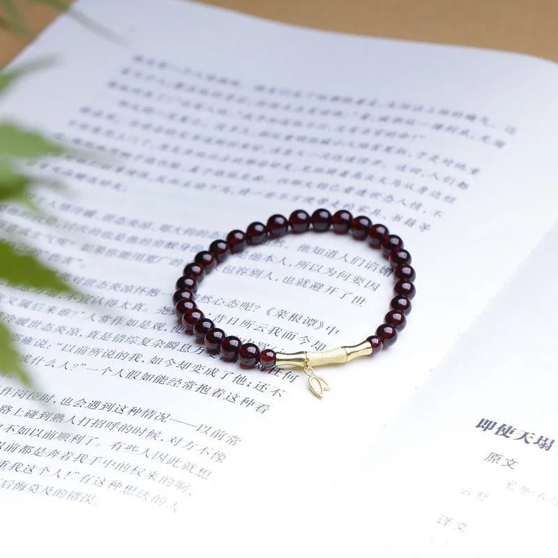 Natural garnet bamboo joint bracelet with 6mm gemstone in copper or silver finish