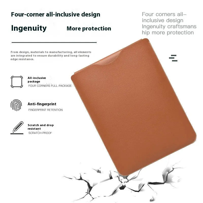 Set of four imitation leather laptop edge protector pieces in apricot, brown, gray and light pink.