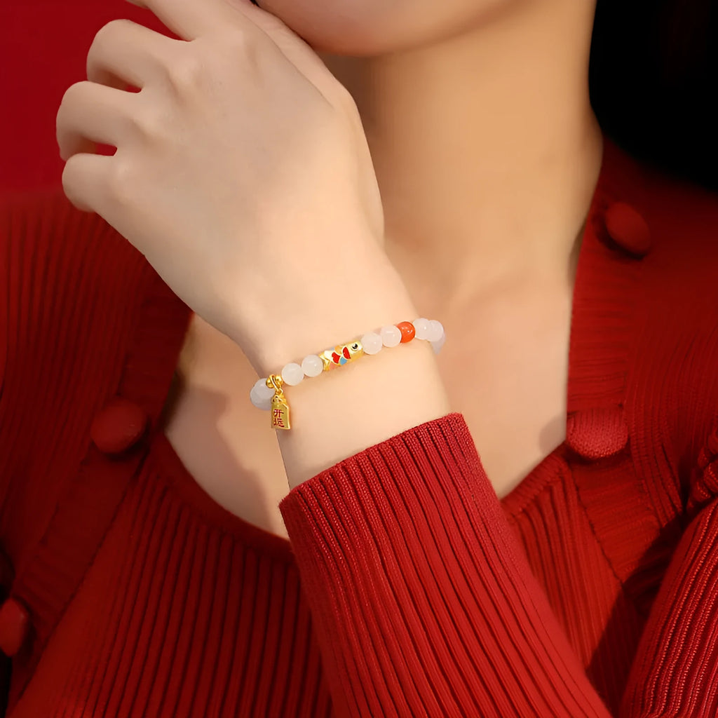 S925 sterling silver bracelet with natural Hetian jade and cold enamel koi fish design