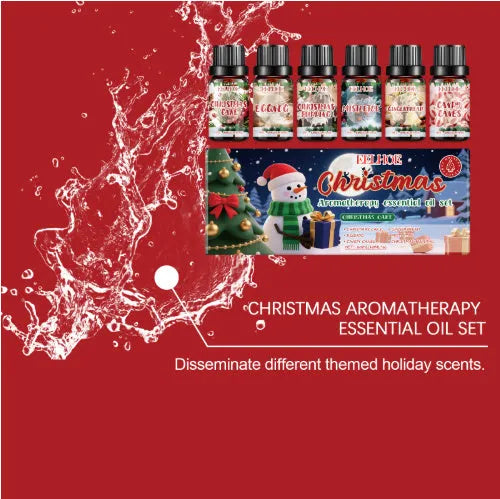 Christmas aromatherapy oil set showing six bottles with holiday scents for home fragrance